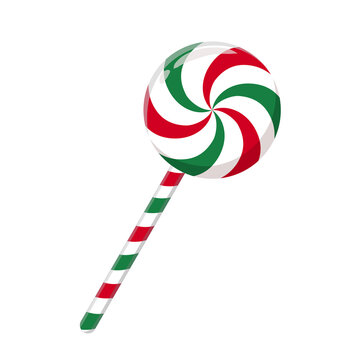 Red and green swirl Christmas lollipop on a striped stick isolated white background. Classic Xmas peppermint sweet vector illustration for holiday decor.