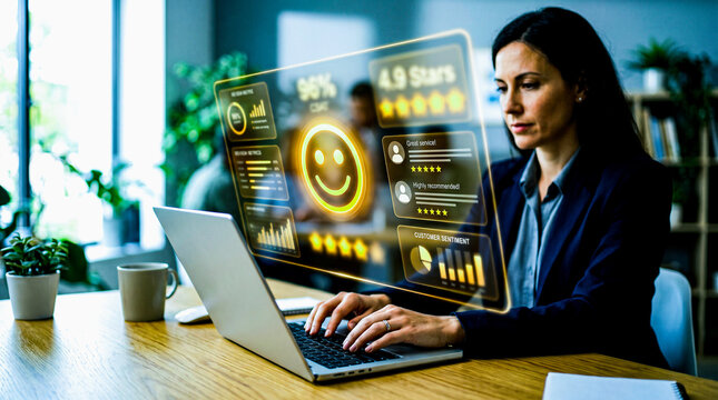 A professional woman working on a laptop with a futuristic holographic interface displaying customer satisfaction metrics, ratings, and sentiment analysis in an office