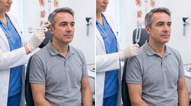 Doctor Performing Rinne Tuning Fork Test During ENT Examination