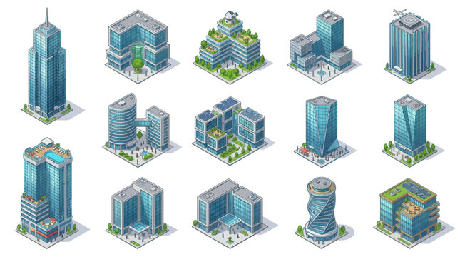 Modern Skyscraper & Office Building Set, Isometric Pixel Art