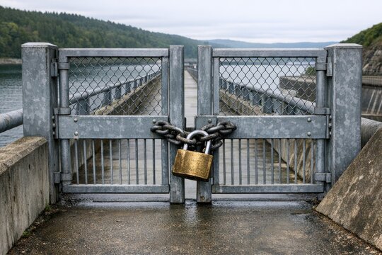 A secured entrance with a heavy chain and padlock, ideal for use in scenes where access is restricted or denied