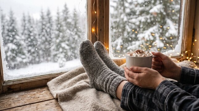Woman in wool socks holding cup of hot chocolate with marshmallow by window. Cozy winter hygge scene with snowy forest and garland lights