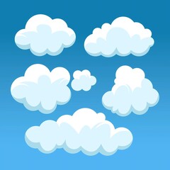 Fototapeta premium Playful White Cloud Collection on Blue Sky Background Cute Fluffy Clouds with Soft Pastel Sky Illustration