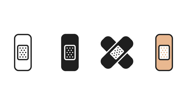 Set of medical adhesive bandage icons in various flat design styles