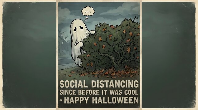 A spectral ghost peeks from behind a leafy bush in a vintage style illustration apparition phantom spirit