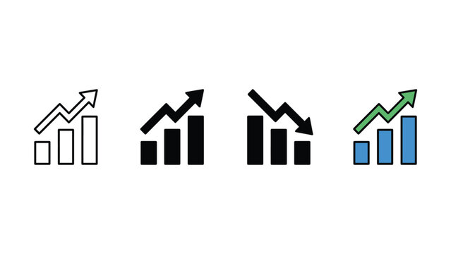 Set of four business bar graph icons showing upward and downward trends