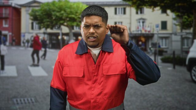 Man in red work uniform with reflective stripe grimaces and raises fist by face while standing at a busy street crosswalk in front of buildings and pedestrians; work stress.