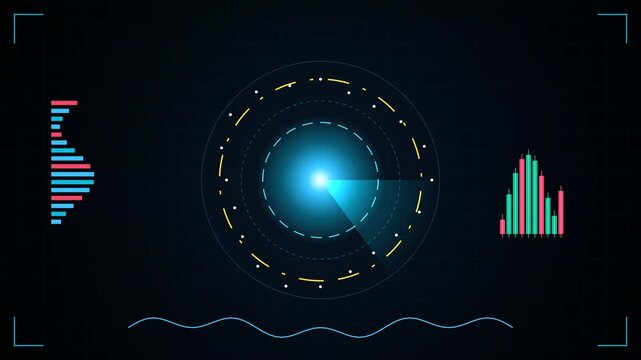 Futuristic HUD Interface with Rotating Radar and Financial Data Graphs
