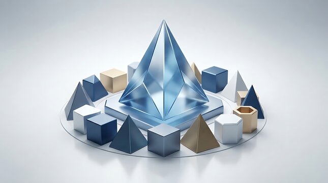 Large transparent blue crystal surrounded by geometric shapes and blocks