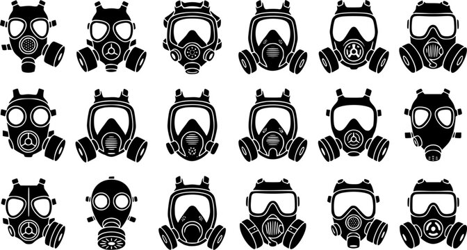 Gas Mask & Full Face Respirator Silhouette Icon Set. Collection of safety & PPE silhouettes, including gas mask & full face respirator, detailed respiratory protection shapes, and more.
