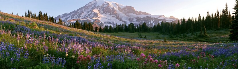 Obraz premium Mount Rainier wildflower meadow at sunrise