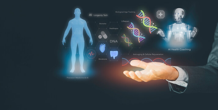 Hand holding DNA with AI longevity tech and precision medicine concept. Biological age tracking, cellular rejuvenation, anti-aging, biomarker, microbiome, and AI health coaching.