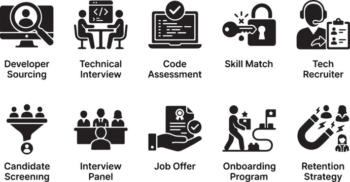 A set of ten black flat representing the it recruitment and hiring process, including developer sourcing, technical interviews, code assessment, job offers, and employee retention
