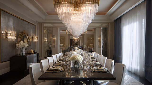 Elegant opulent dining room with luxurious chandelier and classic decor for formal events