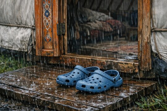 A pair of blue crocs sit on a wooden platform, surrounded by rain