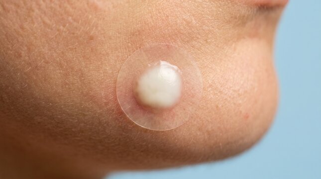 Swollen Hydrocolloid Acne Patch with Absorbed Sebum on Chin Close-up