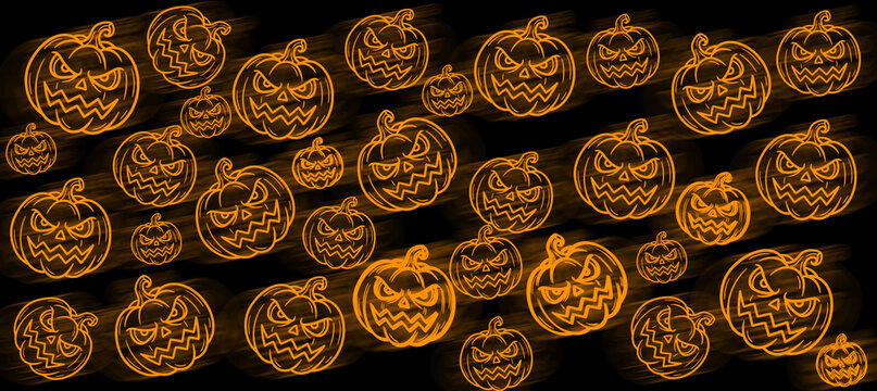 Glowing halloween pumpkins seamless pattern on black background