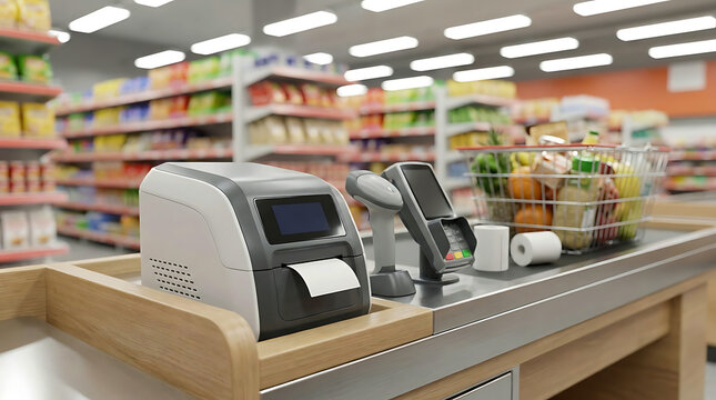 Modern supermarket checkout counter with receipt printer and scanner system