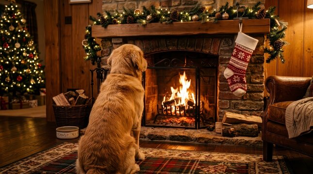 Golden Retriever Dog Sitting Calmly by Cozy Fireplace with Christmas Tree and Holiday Decorations in Warm Home Atmosphere