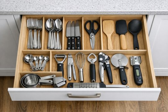 A drawer filled with various kitchen utensils and tools