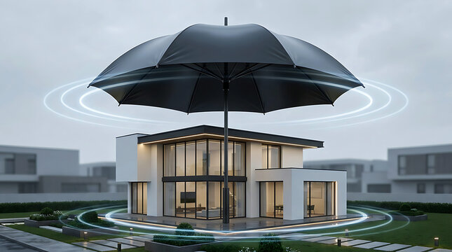 Modern house protected by a giant floating black umbrella in a secure property