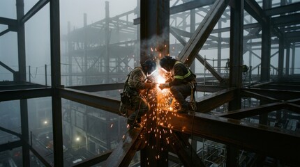 Obraz premium Construction workers welding steel beams on a foggy day at a high-rise building site.