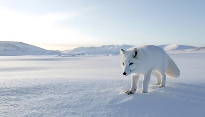 Fototapeta premium Arctic fox walking across vast winter snow landscape
