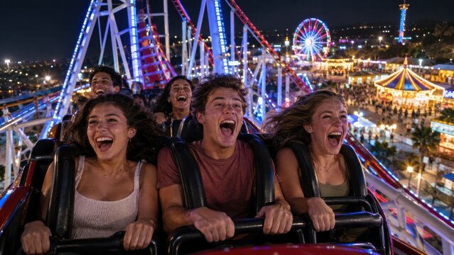 Roller coaster emotions as excited young adult friends scream and laugh during nighttime amusement park ride with colorful carnival lights and ferris wheel in background