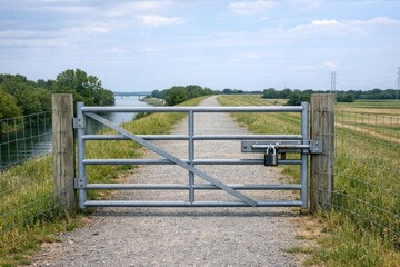 Fototapeta premium A gate opens onto a gravel path, suitable for use in landscape or architectural photos