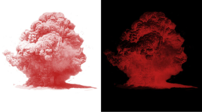 Red nuclear explosion mushroom cloud illustration, atomic bomb blast effect on white and black backgrounds, powerful smoke plume graphic for war concepts