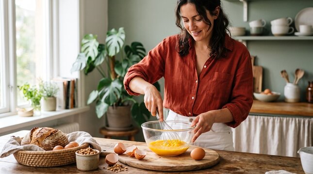 Warm family moment of parents and young child whisking batter together in a bright rustic sunlit home kitchen.