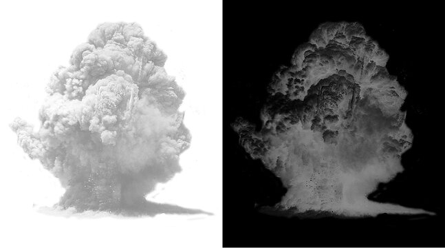 Nuclear explosion mushroom cloud illustration, atomic bomb blast smoke effect, cinematic explosion VFX asset on black and white background