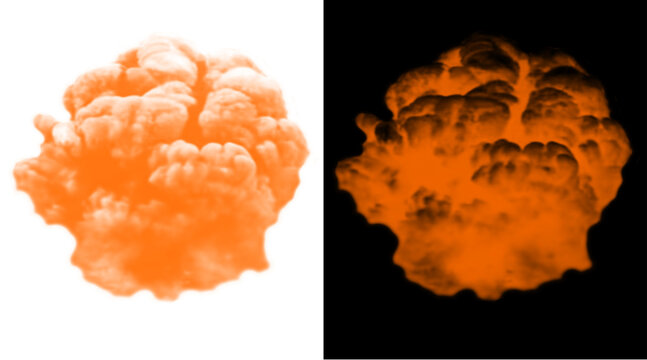 Orange smoke explosion on white and black backgrounds, realistic fire cloud effect, vibrant orange gas burst for visual effects and design