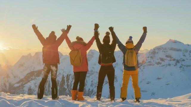 A group of four friends celebrates reaching the summit of a snowy mountain, silhouetted against a rising sun. Wearing winter gear, they raise their arms in joy and accomplishment.