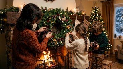 Obraz premium Family Decorating a Christmas Wreath Together by the Fireplace in a Cozy Holiday Living Room