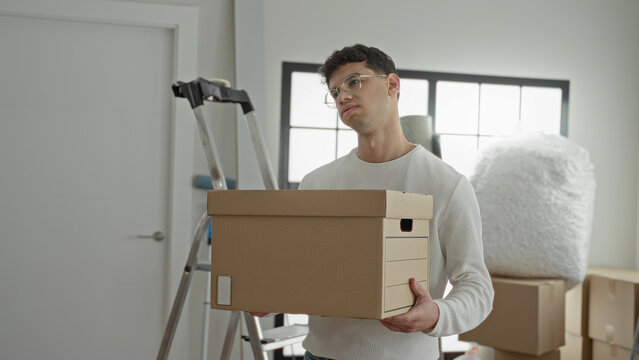 Man holding a cardboard box and carrying it through a building room with ladder, stacked boxes, bubblewrap and a door visible; weary transition.