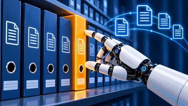 Robotic Arm Selecting a Glowing Yellow Binder from a Shelf of Archives Illustrating AI Data Management and Organization