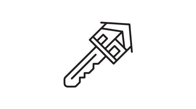Minimalist house key line icon, real estate property ownership symbol, black and white home security vector illustration isolated on White Background