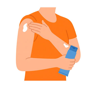 Man in an orange t-shirt applying protective sunscreen lotion on his arm from a blue bottle.