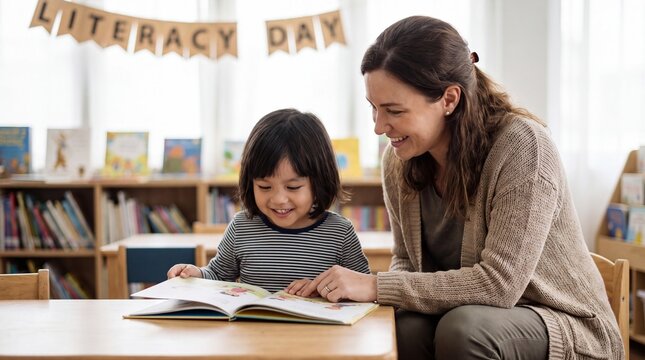 Teacher helping young child reading a book in a classroom for Literacy Day celebration