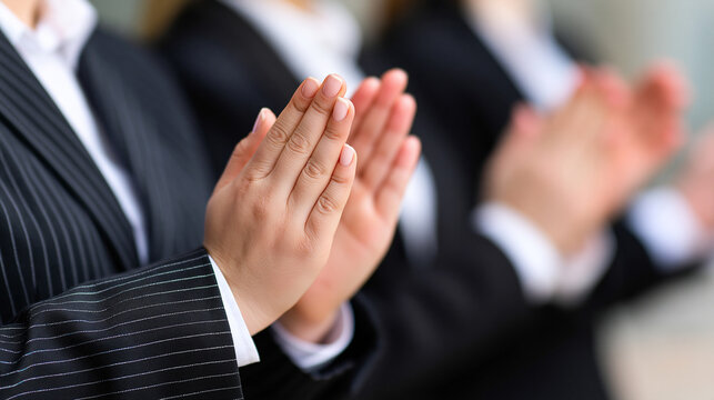 Close up of business people clapping hands in a formal office setting with business meeting