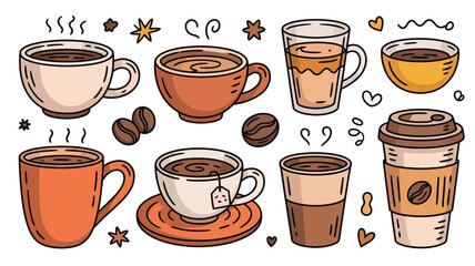 Obraz premium Coffee mug and hot beverage icon collection isolated on white background, cozy drink symbols for cafe menus, restaurant branding, packaging, and advertising.