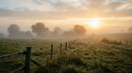 Fototapeta premium Misty Sunrise Over a Rural Field with Wooden Fence.