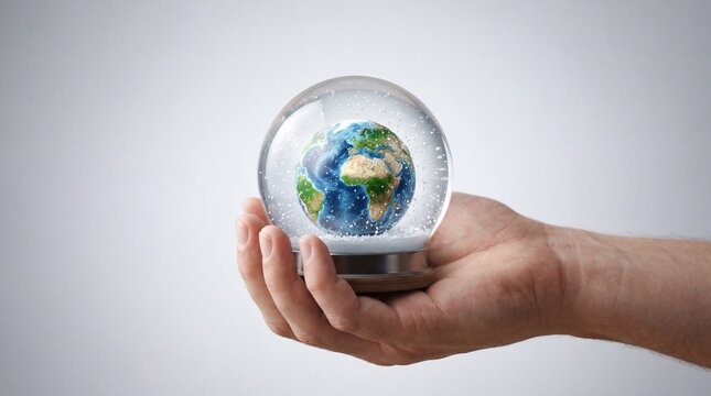 Hand holding a snow globe with planet Earth inside, gray background