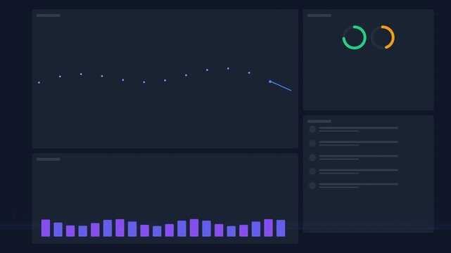 Modern dark mode dashboard interface with data visualization charts and graphs.