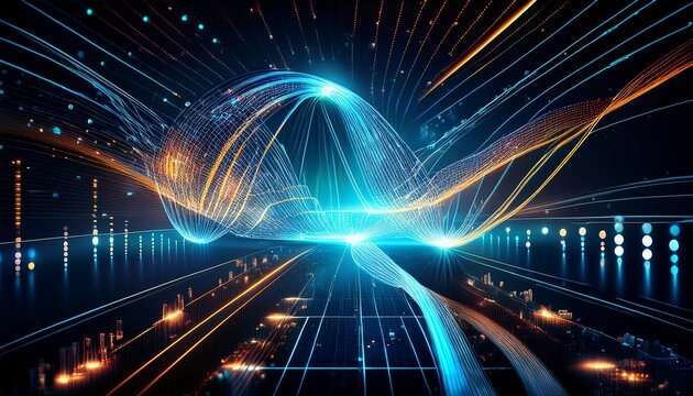 futuristic data visualization with luminous pathways and probability branches in dark space