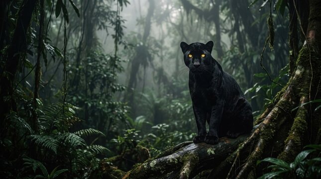 Mysterious Black Panther Emerges from Dense Jungle Mist.