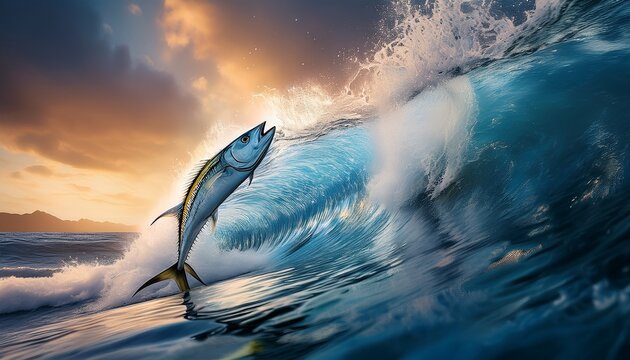 wahoo fish surfing ocean wave dramatic background