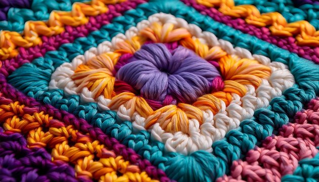 detailed close up showcases the artistry in a hand stitched crochet granny square highlighting the texture design and traditional craft technique