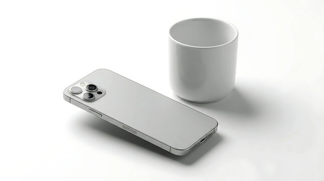 Minimalist white smartphone and cup on a clean surface product mockup